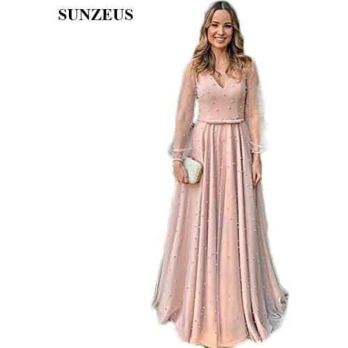 V Neck Pink Evening Dresses 2019 Newly A-Line Puffy Sleeve Long Formal Dresses Sleeves Pearls Gorgeous Evening Gowns SE10