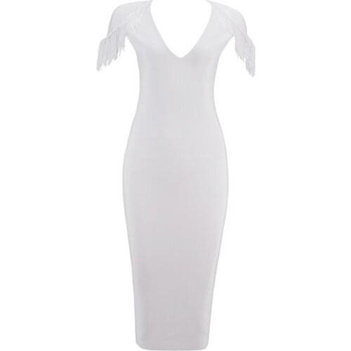 Sexy white v neck 2018 newest arrival party knee length bandage dress