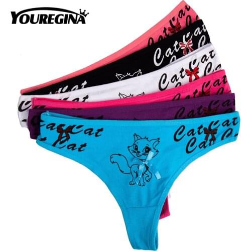 YOUREGINA Woman Sexy Underwear G-Strings Cotton Lace Thong Women Panties Female Ladies Cat Girl 6pcs/lot Comfortable Print M-XL