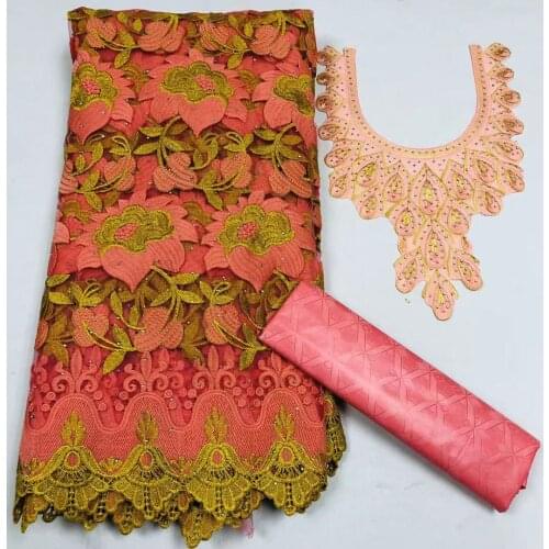 Swiss Lace Fabric 2.5yards +2.5yards Perfume Bazin Riche Fabric African Cotton Embroidery Lace Collar Set Peach Red M0504-1