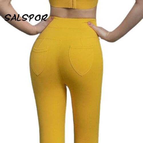 SALSPOR Pockets Sport Leggings Women High Waist Push Up Polyester Workout Legging Fitness Solid Running Tights Pants Gym Sexy