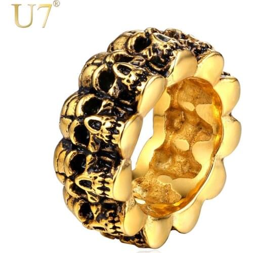 U7 Stainless Steel Ring For Men Jewelry New Trendy Gold Color Punk Rock Style Skull Men Bands Ring Vintage R424