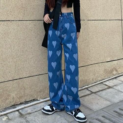 2021 Women Jeans Wide Legged Pants Retro High Waist Geometric Print Blue Denim Full Length Trousers Loose