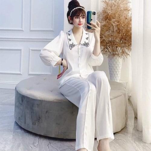 Embroidery Court Style Women Pajamas Sets 2PCS Sexy Notched Pyjamas Suit Underwear Sleepwear Summer Faux Silk Home Nightwear