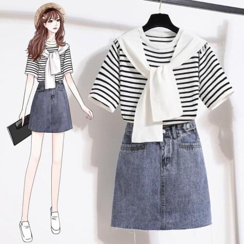 Women 2021 Summer Fashion Short Sleeves Striped T-shirt Skirt 2 Piece Set Female Denim Skirt 2Pcs Set Ladies Casual Outfits R156