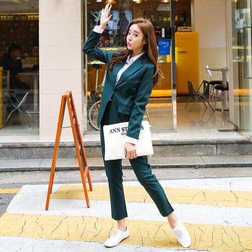 Suit suit female fashion dark green jacket nine pants 2 sets of overalls temperament professional slim dress two pieces / set