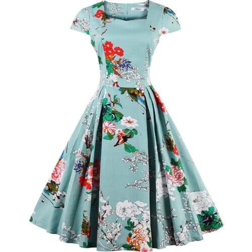 Women Plus Size S~4XL Cotton Stretchy Vintage Floral Dress 60s AudreyRetro Rockabilly Swing Elegant Feminino Vestidos