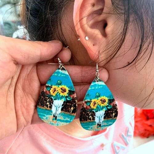 12 Pairs Sunflower Western Bull Head Drop Earrings-Shaped Pendant Earrings Womens New Fashion Metal Leopard Print Leather