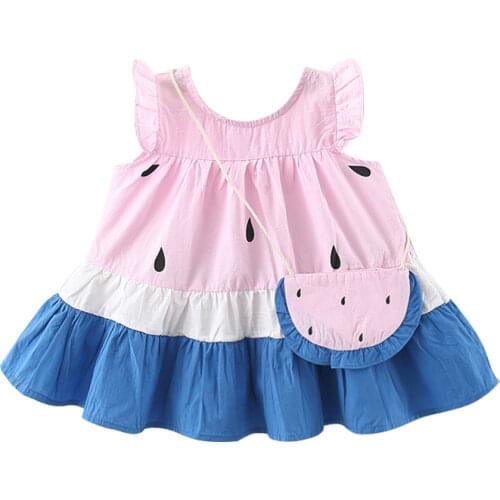 2Piece Summer Princess Dress For Baby Girls Clothing Sleeveless Cotton Cartoon Cute Toddler Dresses+Bag Newborn Clothes BC2032
