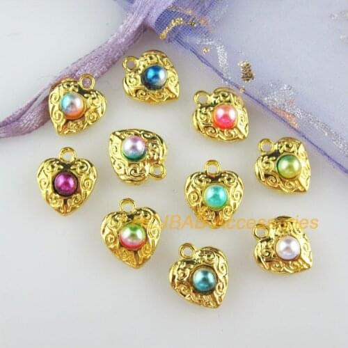 20 New Heart Charms Mixed Acrylic Flower Pendants Gold Color 10x11.5mm