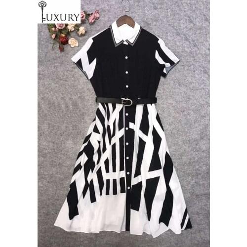 2020 High Quaity New Summer Women Turn-down Collar Geometric Print Short Sleeve Mid-Calf Length Casual Long Shirt Dress
