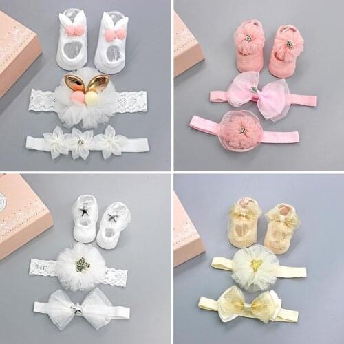 3Pcs Cute Flower Bow Baby Girls Lace Soft Headband Socks Outfit Photo Props