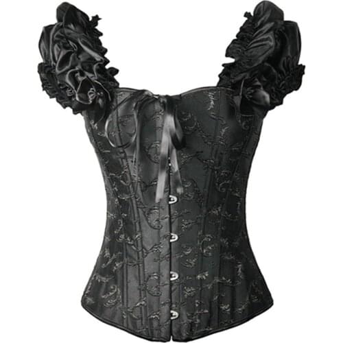 Gothic bustier corset tops for women with sleeves lace up brocade shoulder strap corselet overbust corset vest plus size