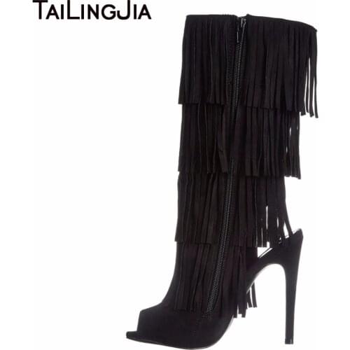 Fashion Peep Toe Summer Boots Woman Black Supper High Heel Long Boots Stilettos Ladies Shoes With Zipper Fringe Sexy Woman Shoes
