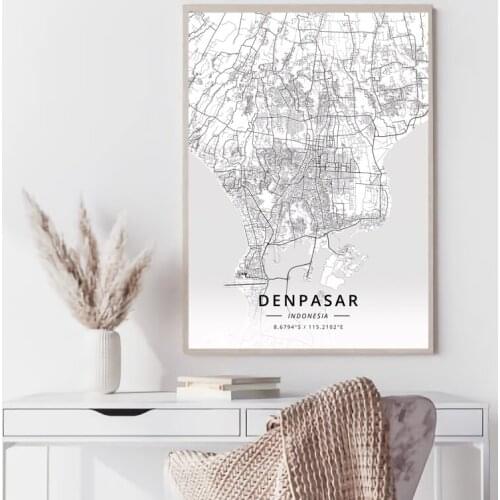 Indonesia World map Denpasar Jakarta black and white map poster print unframe poster office decoration