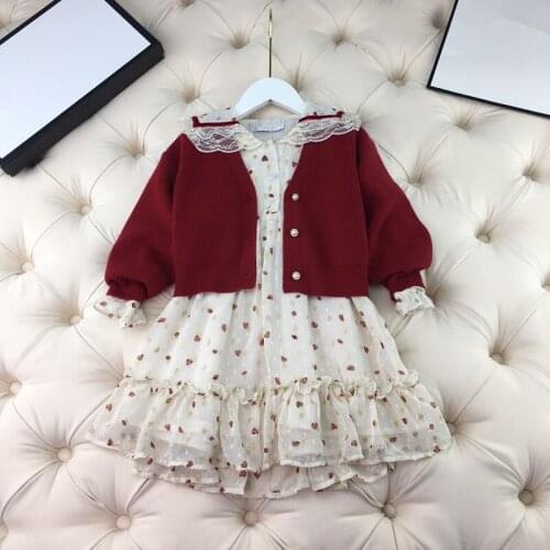 United Europe and the States childrens wear the new autumn 2021 Long-sleeved red knitted sweater print dress Fashion two-piece