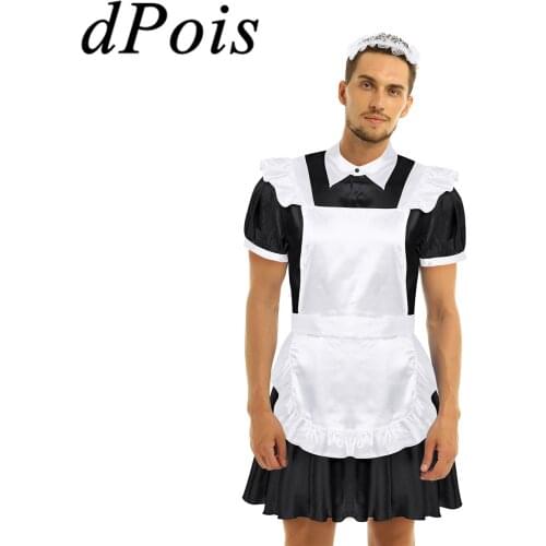 Men Adult Sissy Maid Cosplay Costume Crossdressing Outfit Turn-down Collar Front Button Down Dress & Princess Apron Headband Set