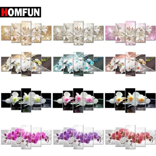 HOMFUN 5pcs Full Square/Round Drill 5D DIY Diamond Painting "Orchid peony lily" Multi-picture Combination Embroidery 5D Gift