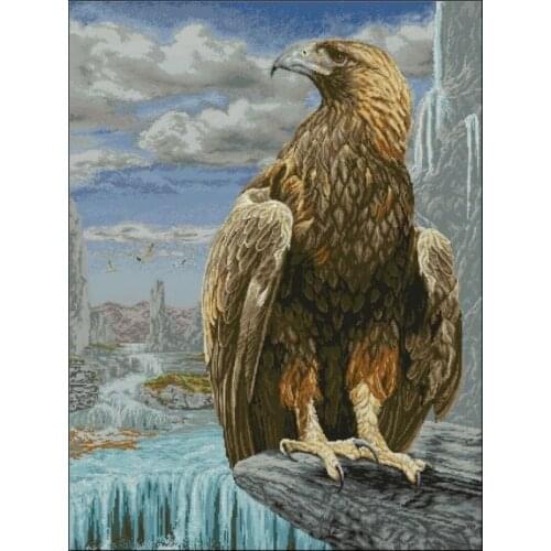 Eagle Bird on a Stone Mountain in a Waterfa Cross Stitch Kit Top Quality Embroidery Needlework DIY 14CT Unprinted Decor Handmade