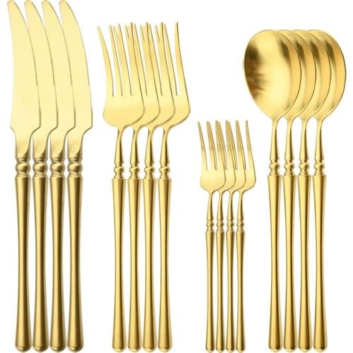 16Pcs 304 Stainless Steel Cutlery Set Vintage Knife Fork Tea Spoon Dinnerware Set Matte Gold Tableware Patry Kitchen Silverware