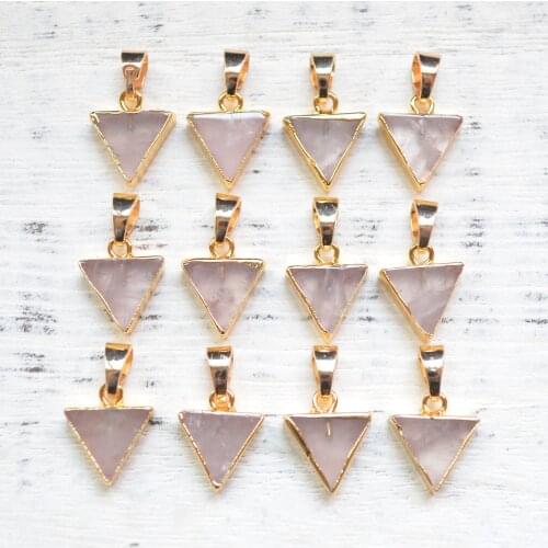 Nature Rose crystal triangle pendant with gold electroplated edges for necklace ,pink quartz pendants