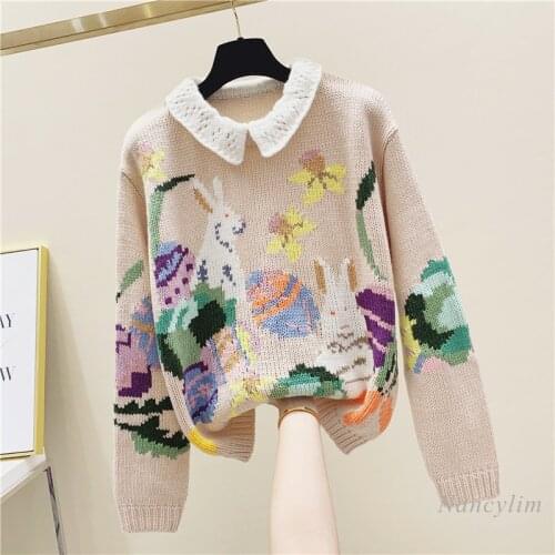Machine Embroidery Jacquard Cartoon Pattern Doll Collar Pullover Sweater Womens Fashion Jumper 2021 Spring Autumn