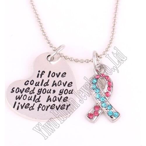 Multi-color crystals Ribbon and "if love could have saved you,you would have lived forever" heart pendant romantic necklace