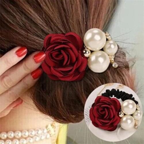 Fashion Women Rose Elastic Hair Bands Big Flower Rhinestones Imitation Pearls Flower Hair Rope Charms Rubber Hair Accessories