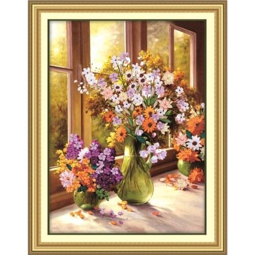 Needlework,DIY Ribbon Cross stitch Set for Embroidery kit,Sunset table vase flower ribbon Cross-Stitch Paint wall decor