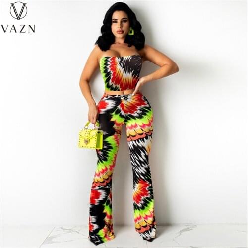 VAZN 2021 New Design Street Style Sexy Sleeveless Strapless 2 Piece Set Print Bandage Women Top And Pant Summer