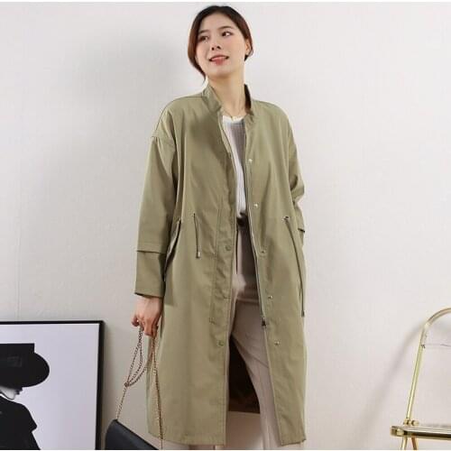 Female Long Windbreaker 2021 New Spring Autumn Stand Collar Loose Outwear Adjustable waist Solid Casual Womens Trench Coats