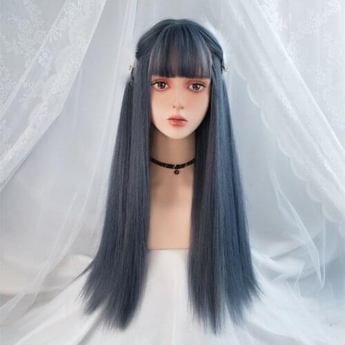 VICIWG Long Straight Synthetic Hair Blue Gray Pink Cosplay Wig with Bangs Heat-resistant for Women