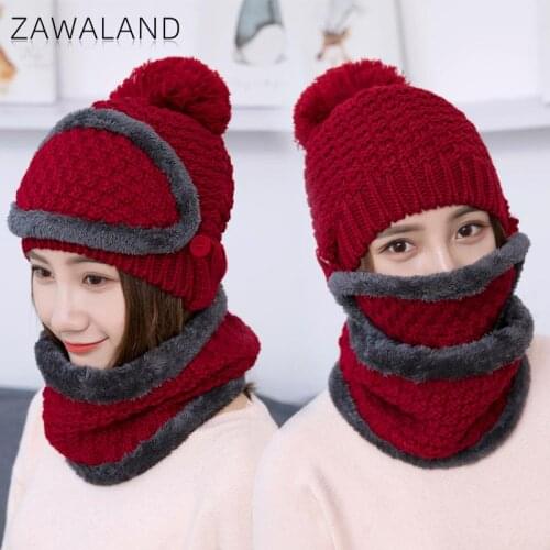 Zawaland 2021 Women Warm Hats with Neckchief Autumn Winter Winproof Headgear for Ski Cycling Knitted Wool Hats Ladies Ear Cap