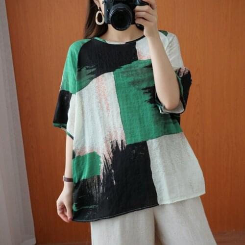 Women Cotton Linen Casual T-shirts New Arrival 2021 Summer Simple Style Geometric Print Loose Comfortable Femlae Tops Tees B322