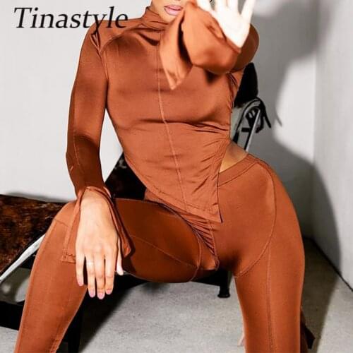 Tinastyle Two Piece Set Outfits Women Long Sleeve Crop Tops Stacked Pants Suit Female Casual Zipper Sporty Fitness Tracksuit