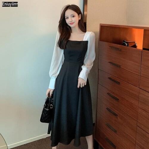 2021 Spring Autumn Women Basic Wear Patchwork Square Neck Elegant Long Black Dress
