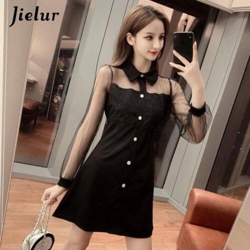 Jielur Elegant Black Dress Mesh Stitching Women Spring Autumn Korean Lapel Long Sleeve Dress Female Temperament Buttons Dress