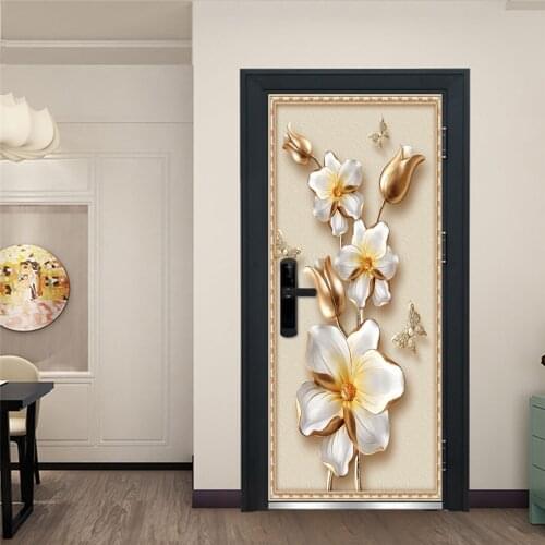 3D View Flower Doors Sticker Peel and Stick Wallpaper Vinyl Waterproof Room Decoration Chinese Style Decals Posters deurstickers
