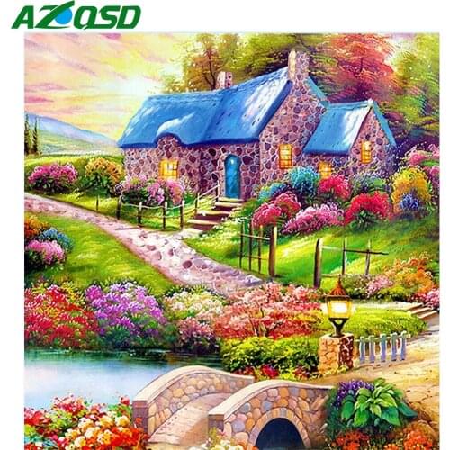 AZQSD 5D Diamond Painting House Rhinestone Pictures Handmade Diamond Embroidery Landscape Cross Stitch Kits Home Decoration