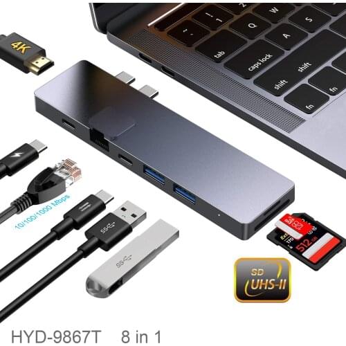 CNC Aluminum Alloy 8 IN 2 Dual USB C Type C Adapter Thunderbolt 3 Hub Splitter 4K HDR RJ45 UHS-II reader USB 3.0 Hub For Pro