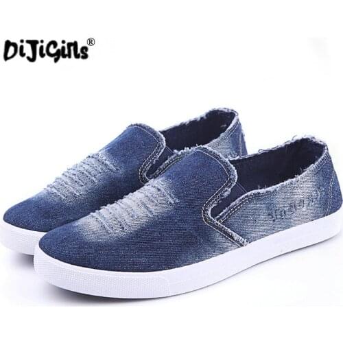 DIJIGIRLS New Summer Men Shoes Breathable Slip-on Cut-out Denim Casual Canvas Shoes Flat Heels Size 39-44