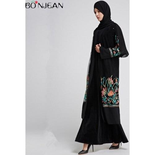 2019 Fashion Dubai Embroidery Long Cardigan Over Gown Muslim Embroidered Gauze Dress Long Kimono Ramadan Arabic Islamic