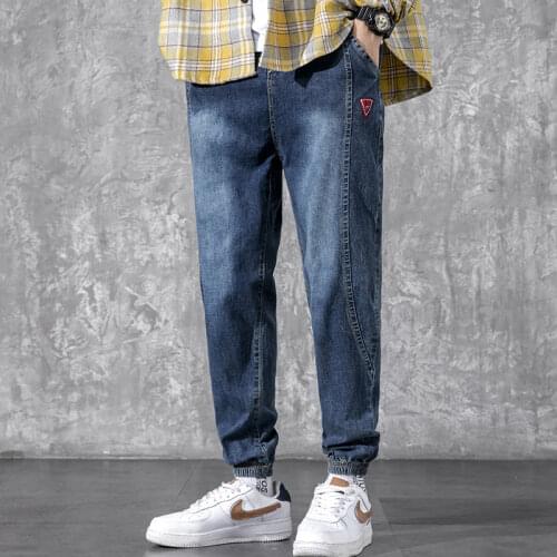 Casual Harem Jeans For Mens Splicing Design Washed Sports Denim Trousers Male Four Seasons Loose Nine Points Slim Pants Tide