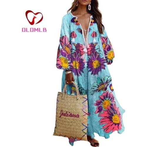Spring Elegant Floral Print Tassel Long Party Dress Vintage Long Lantern Sleeve Ladies Dresses Women V Neck Casual Loose Dress