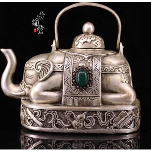 Antiques Antique Bronze Copper Pot Silver Inlaid Gems Teapot Elephant Kettle Home Furnishing Decoration