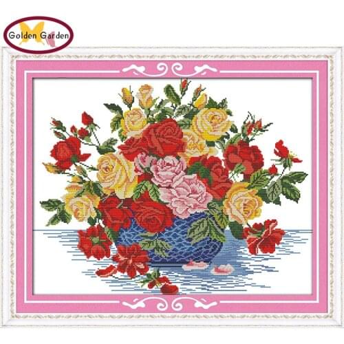 GG Roes In Blue Vase Paiting Cross Stitch Embroidery Needlework Set Joy Sunday 11CT 14CT Cross Stitch Kits for Home Wall Decor