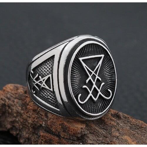 Vintage Lucifer Satan Signet Ring Men Gothic Satan Cross Ring Stainless Steel Amulet Fashion Jewelry Wholesale Size7-13