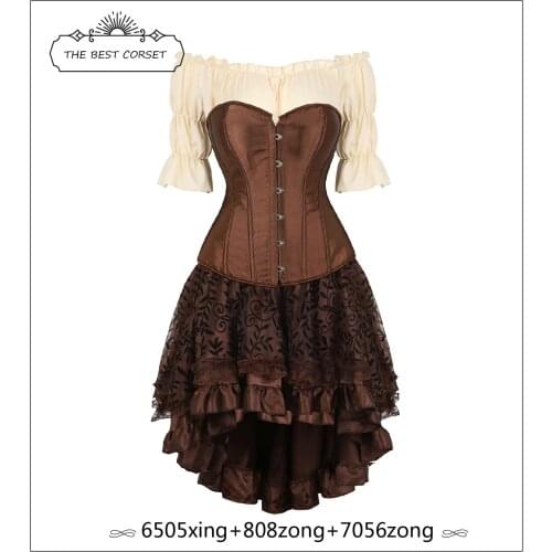 Steampunk Corset Dress Renaissance Gothic Corset Vintage Dress Faux Leather Corset Skirt Tops 3 Piece Cosplay Costume