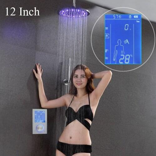 Showerhead Dispaly LCD Screen Shower Set Rainfall 12" Round 304 Steel LED Shower Head Touch Digital Smart Shower Mixer Faucet