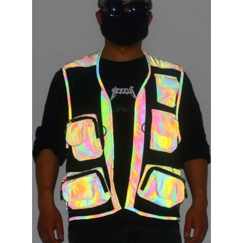 2020 mens seven-color reflective multi-pocket vest, colorful luminous, personalized mesh stitching vest